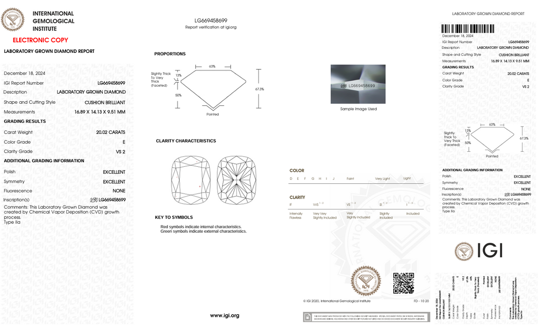 20.02 CT E RENK VS2 Uzun Yastık Kesme Laboratuar Growed Diamond - IGI Sertifikalı