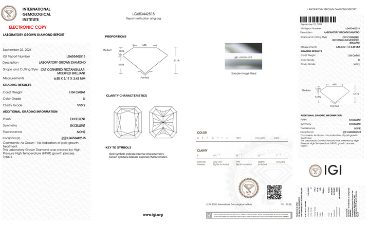 1,04 CT D Color VVS2 Radiant Cut Lab -вирощений Diamond - IGI сертифікований