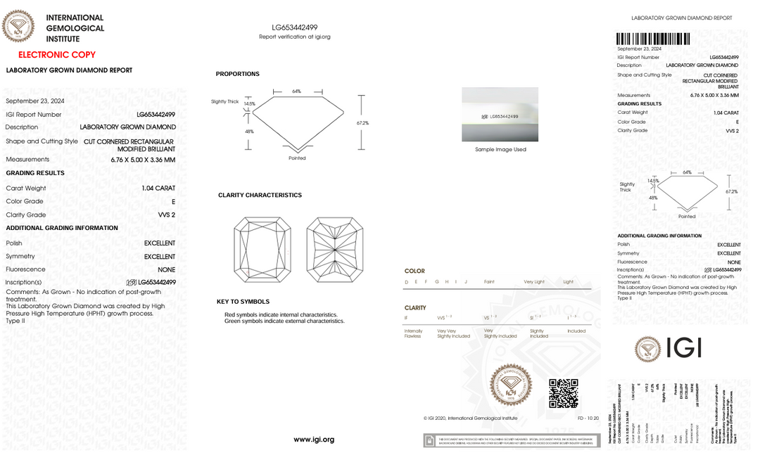 1,04 CT E Колір VVS2 Radiant Cut Lab -вирощений алмаз - сертифікат IGI