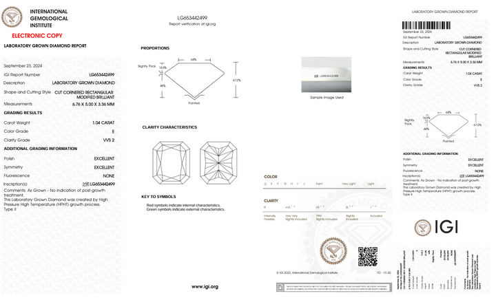 1,04 CT E Колір VVS2 Radiant Cut Lab -вирощений алмаз - сертифікат IGI