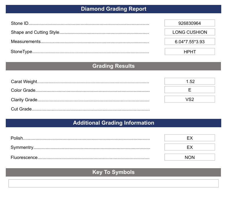 1.52 ct e color vs2 long cushion cut cut -bold -bold -busted - variation certification