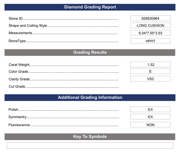 1.52 ct e color vs2 long cushion cut cut -bold -bold -busted - variation certification