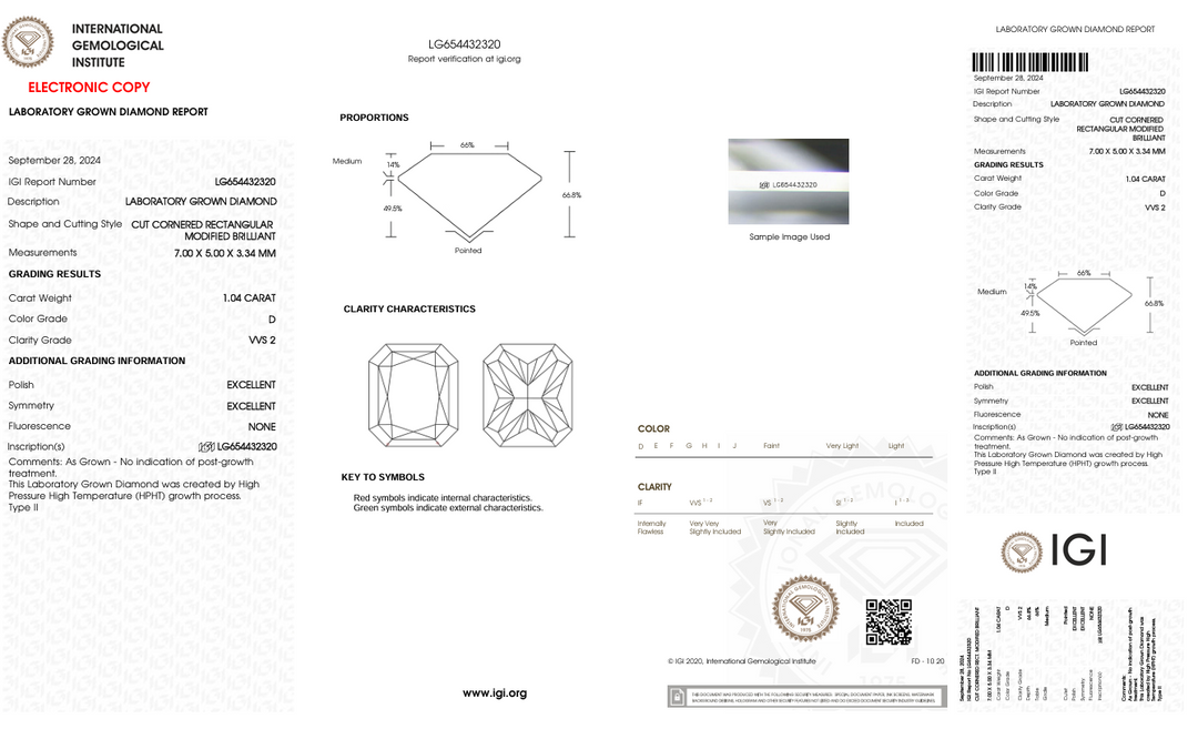 1,04 CT D Color VVS2 Radiant Cut Lab -вирощений Diamond - IGI сертифікований