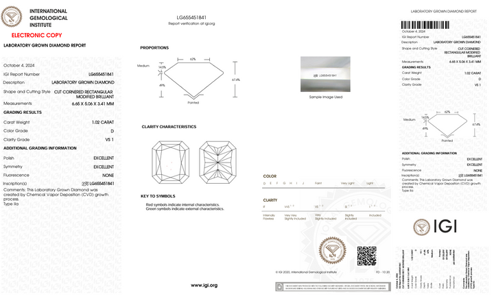 1.02 CT D COLOR VS1 Radiant Cut Marmond -Bulder Miamond - IGI معتمد