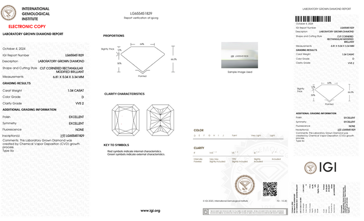 1,04 CT D Color VVS2 Radiant Cut Lab -вирощений Diamond - IGI сертифікований