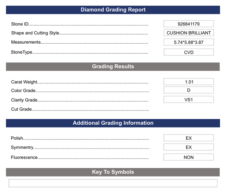 1.01 CT D Color VS1 Cushion Brilliant Cut Lab-Grown Diamond - Variation Certified