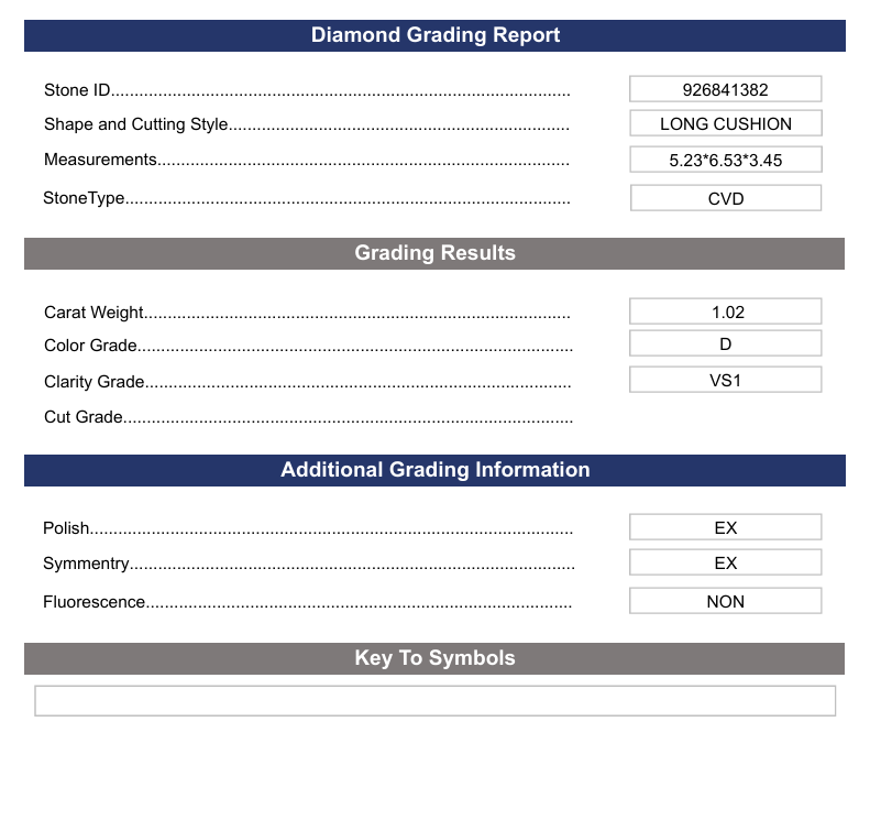 1.02 CT D Warna VS1 Long Cushion Cute Lab -Grown Diamond - Variasi Bersertifikat