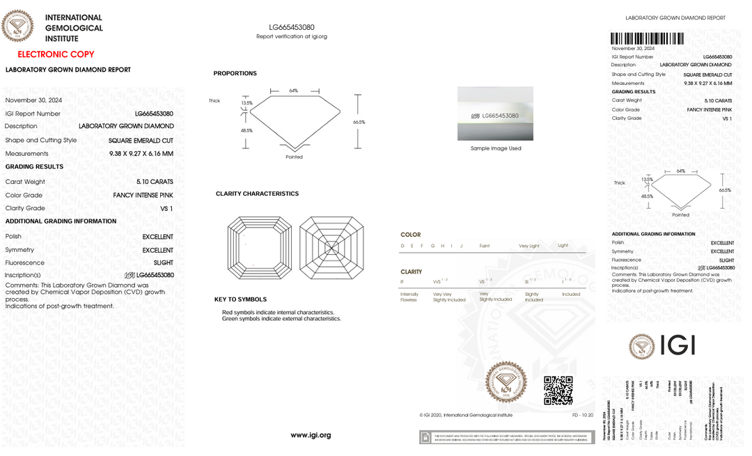 5.1 CT Fantezi Yoğun Pembe Renk VS1 Square Emerald Cut laboratuvarda yetiştirilen elmas - IGI Sertifikalı