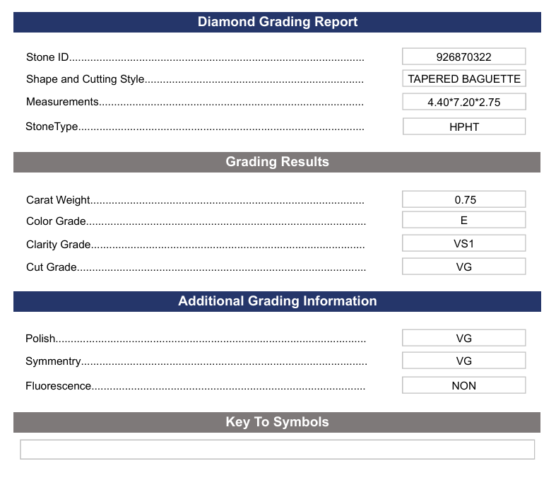 0,75 ct E -Farbe VS1 Tapered Baguette geschnittene Diamant -Variation zertifiziert