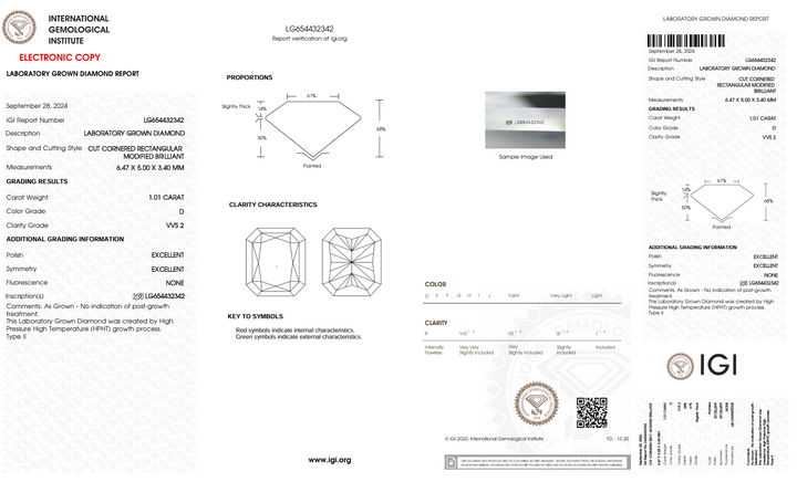 1.01 CT D Färg VVS2 Strålningskuret Lab -odlad diamant - IGI -certifierad