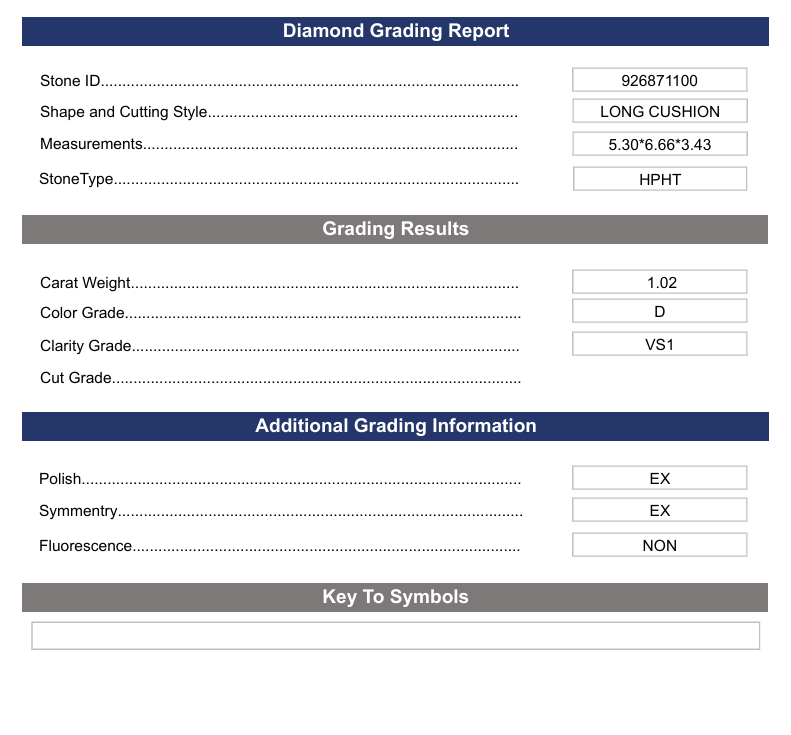 1.02 CT D Warna VS1 Long Cushion Cute Lab -Grown Diamond - Variasi Bersertifikat