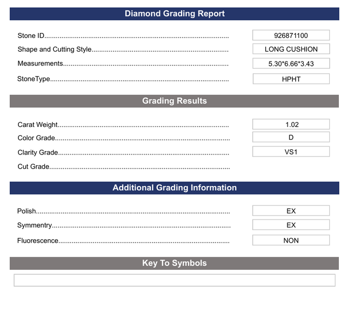 1.02 CT D Warna VS1 Long Cushion Cute Lab -Grown Diamond - Variasi Bersertifikat