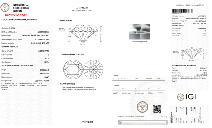 2,04 Ct E Color VS1 Круглый резак, выращенный лабораторией Diamond - IGI сертифицирован