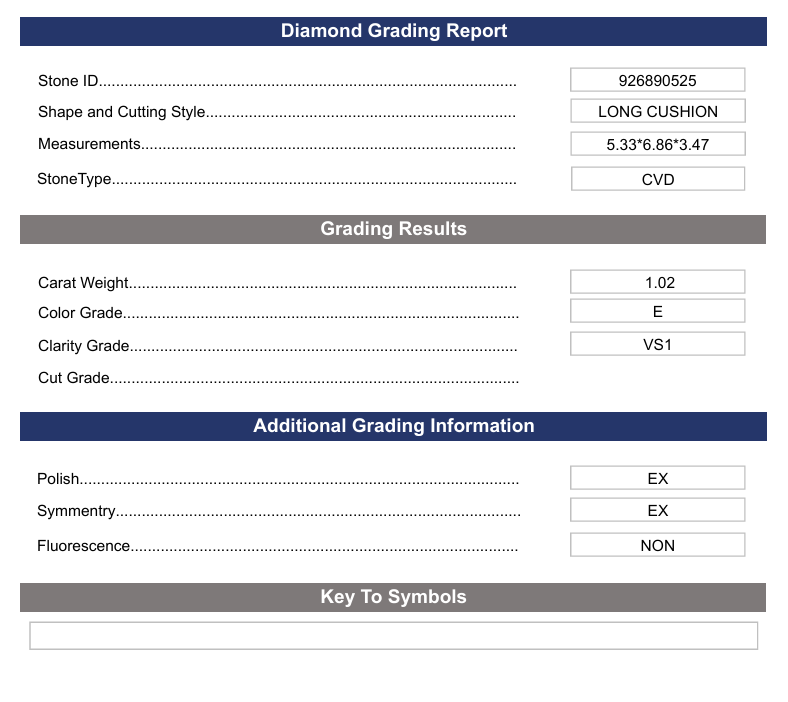 1.02 CT E Färg VS1 Lång kuddskuret Lab -odlad diamant - Variation Certified