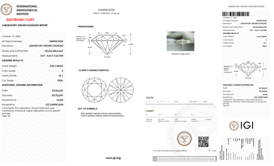 2.46 CT Eカラーvs1ラウンドカットラボで栽培されたダイヤモンド-IGI認定