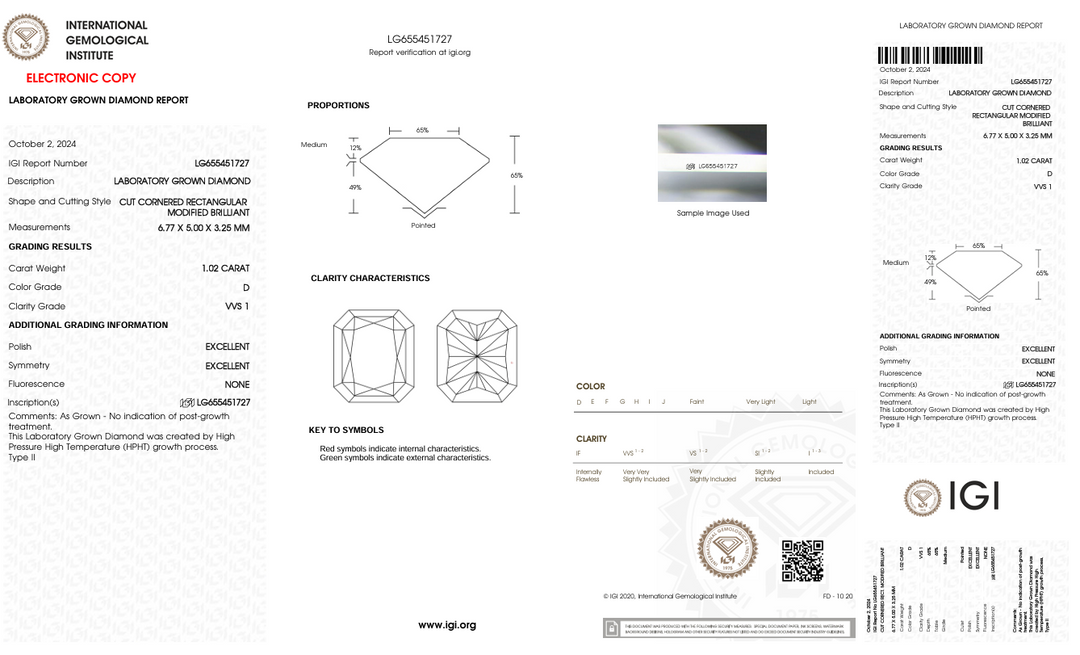 1.02 CT D COLOR VVS1 Radiant Cut Miamond -Bulder Miamond - IGI معتمد