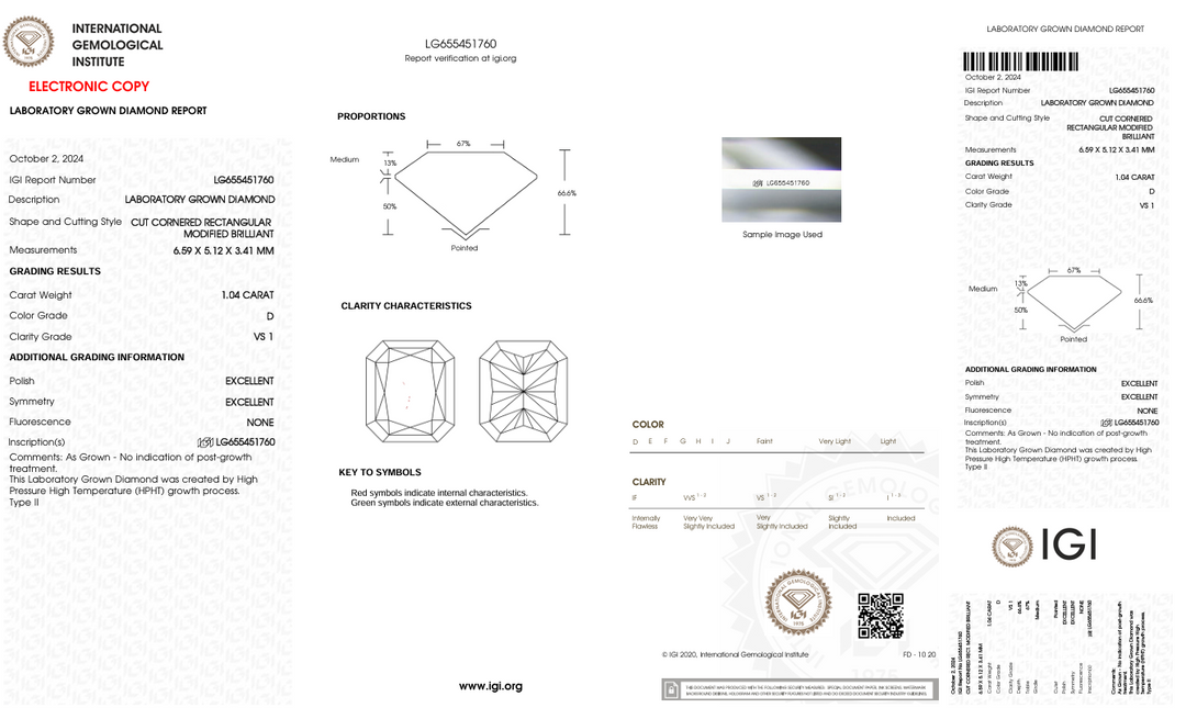 1,04 CT D Color VS1 Radiant Cut Lab -вирощений Diamond - IGI сертифікований