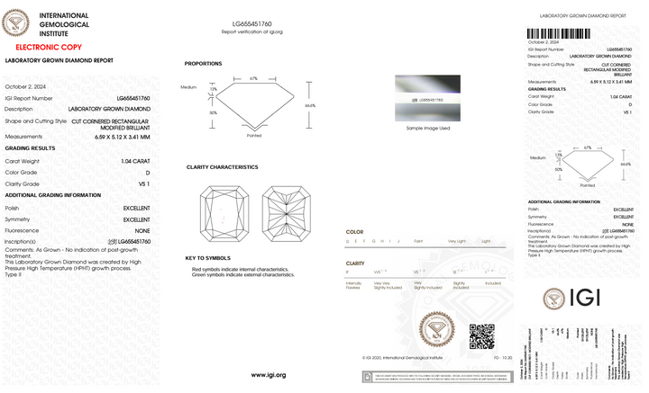 1,04 CT D Color VS1 Radiant Cut Lab -вирощений Diamond - IGI сертифікований