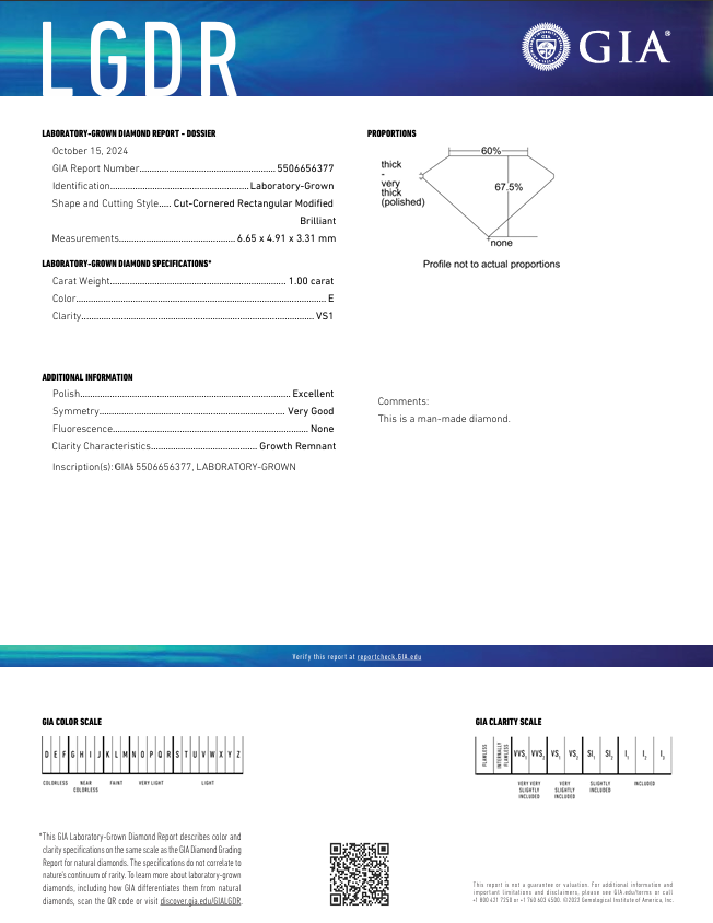 1,0 ct E warna VS1 Radiant Cut Lab -Grown Diamond - GIA Certified