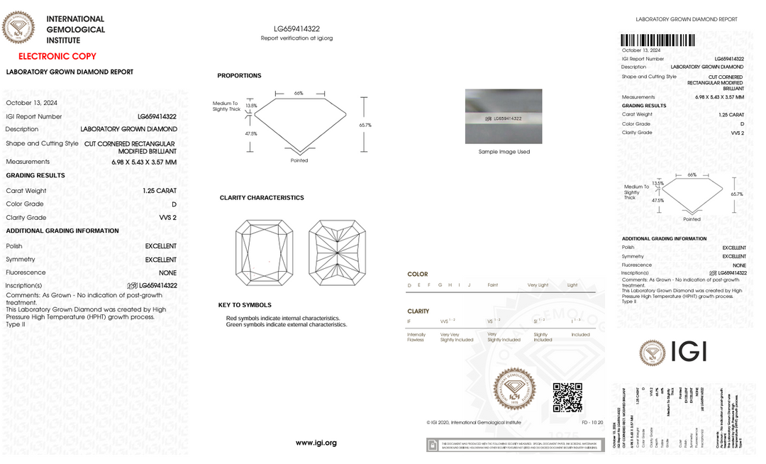 1,25 Ct D Color VVS2 Radiant Cut Lab, выращенное алмазом - Igi сертифицирован