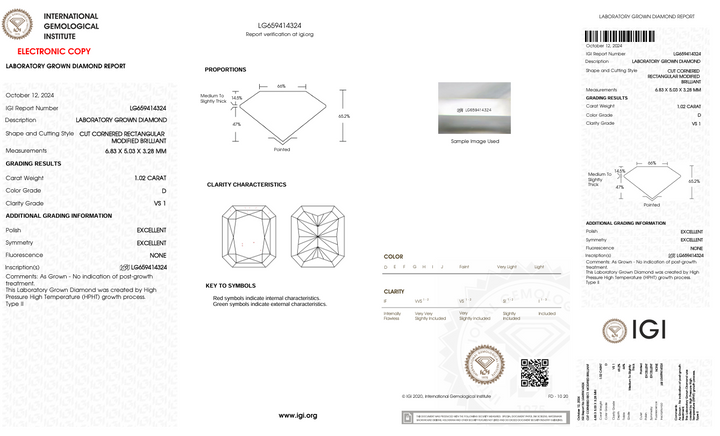 1,02 CT D Color VS1 Radiant Cut Lab -pěstovaný diamant - IGI Certified