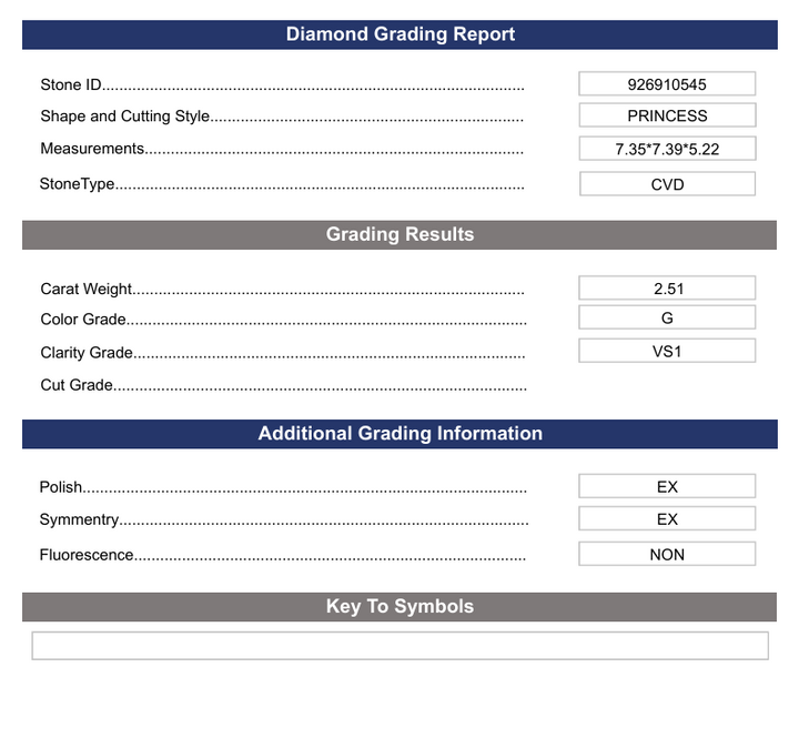 2,51 ct g cor vs1 Princess Cut Lab cultivado Diamond - Variação Certificada