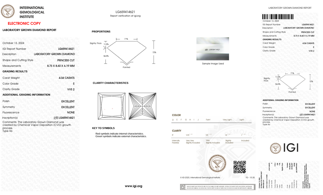 4.04 Ct E Renk VVS2 Prenses Kesme Laboratuar Grubu Elmas - IGI Sertifikalı