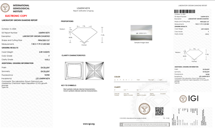 2,89 ct f Color vvs2 Princess Cut Lab -вирощений діамант - сертифікований IGI