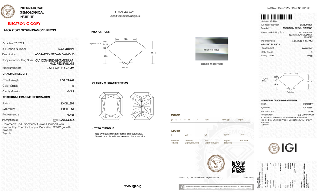 1,6 Ct D Color VVS2 Radiant Cut Lab, выращенное алмазом - IGI сертифицирован