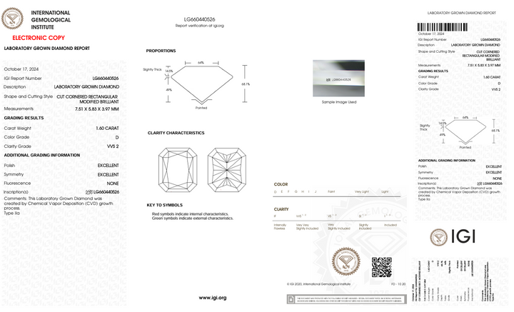 1,6 Ct D Color VVS2 Radiant Cut Lab, выращенное алмазом - IGI сертифицирован