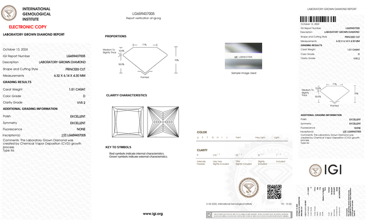 1.51 CT D Renk VVS2 Prenses Kesme Laboratuar Yetişkin Elmas - IGI Sertifikalı