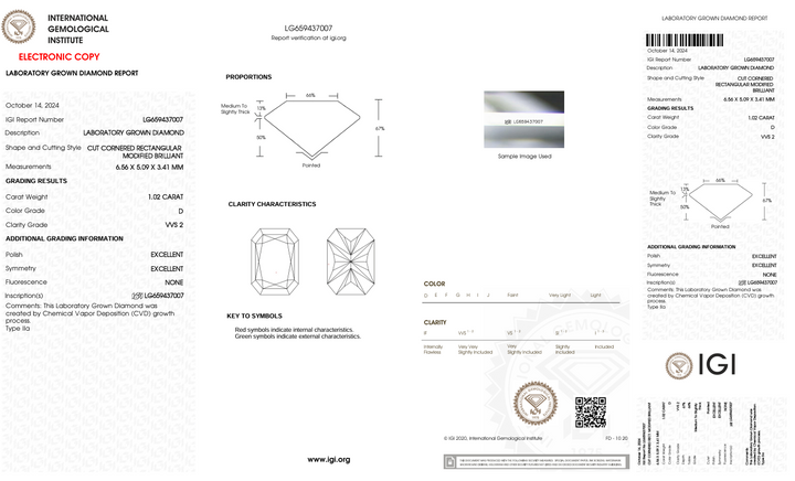 1.02 CT D Color VVS2 Radiant Cut Lab -pěstovaný diamant - IGI Certified