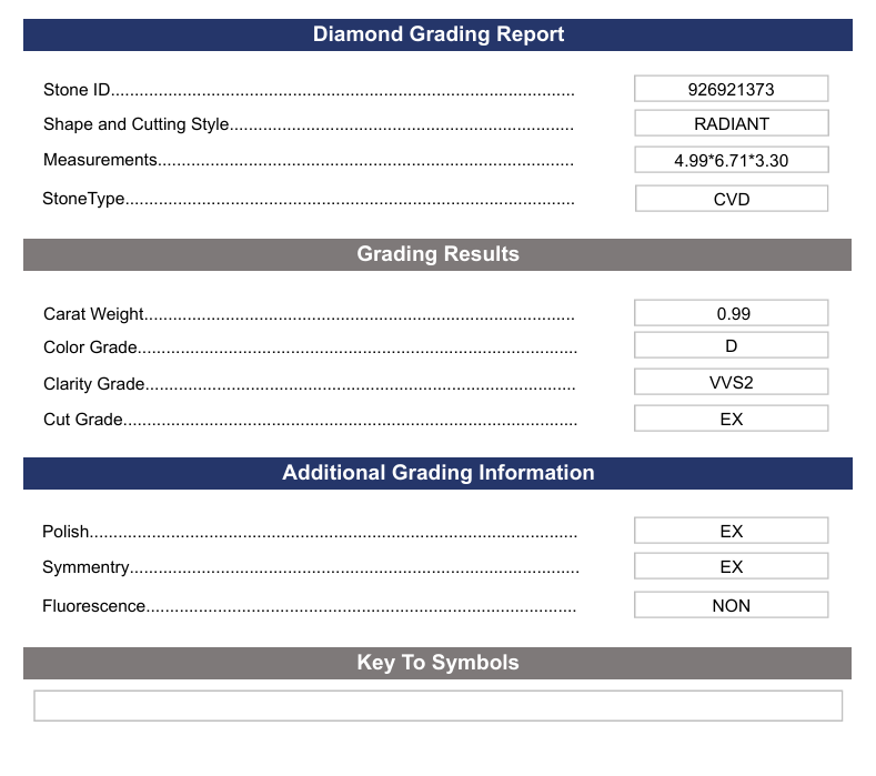 0.99 CT D Color VVS2 Radiant Cut Lab-Grown Diamond - Variation Certified