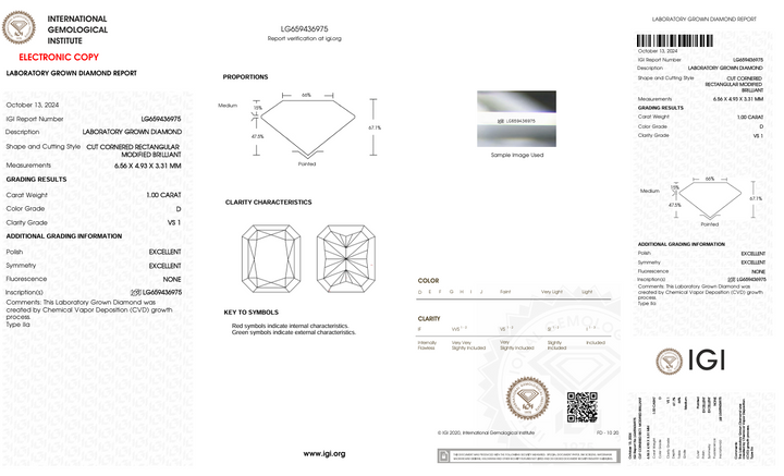 1,0 ct D warna VS1 Radiant Cut Lab -Grown Diamond - IGI Certified