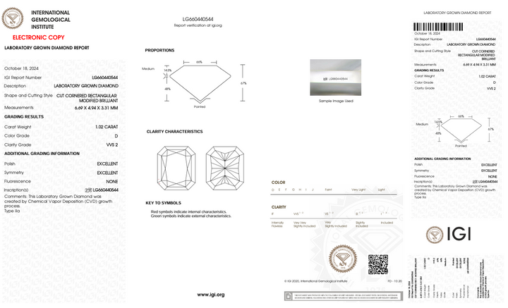 1.02 CT D Color VVS2 Radiant Cut Lab -pěstovaný diamant - IGI Certified