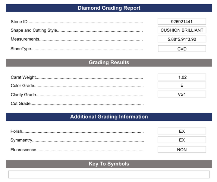 1.02 CT E Color VS1 Cushion Brilliant Cut Lab-Grown Diamond - Variation Certified