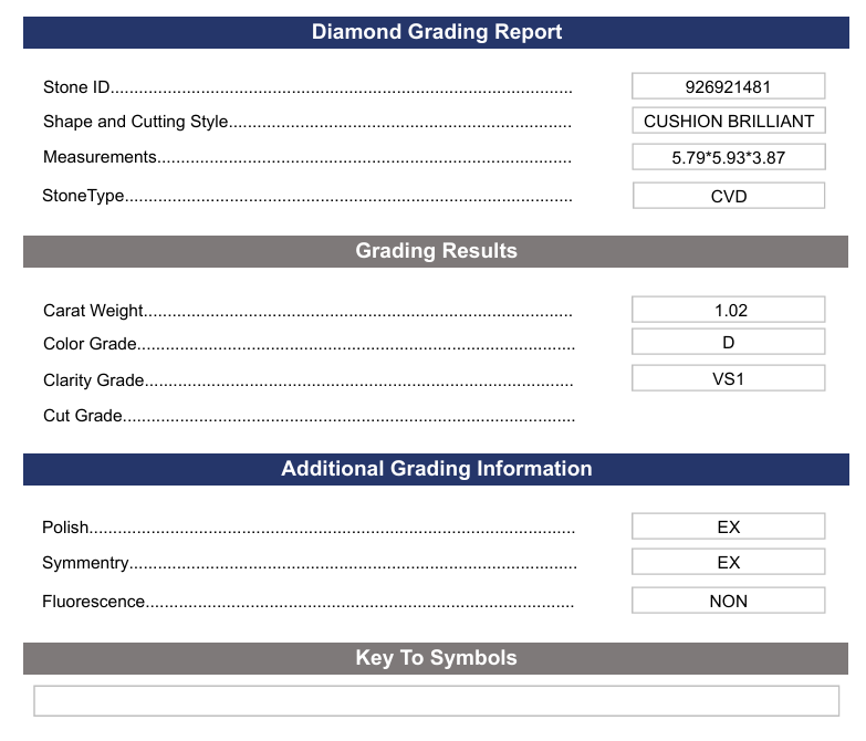 1.02 CT D Color VS1 Cushion Brilliant Cut Lab-Grown Diamond - Variation Certified