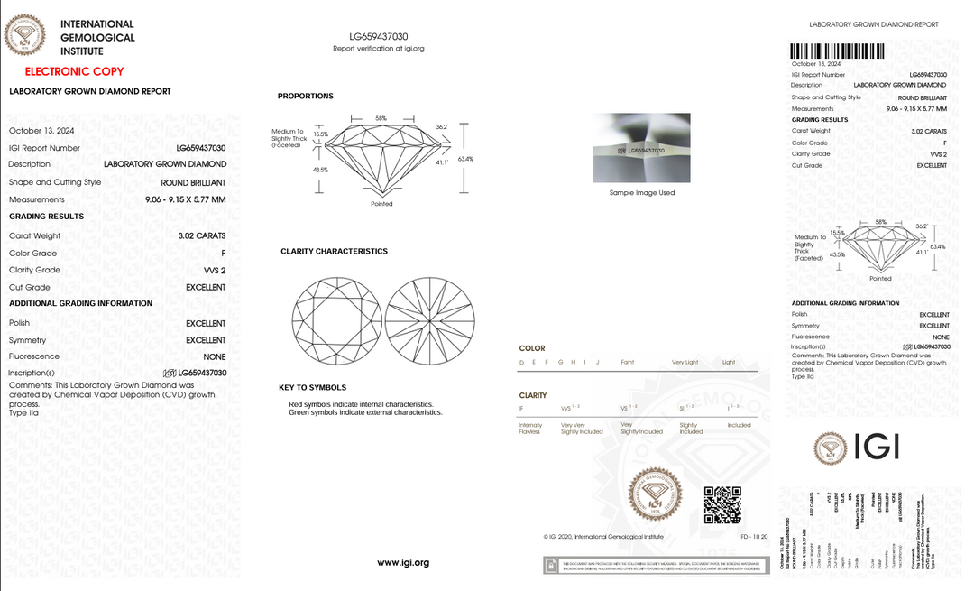 3.02 CT FカラーVVS2ラウンドカットラボで栽培されたダイヤモンド-IGI認定