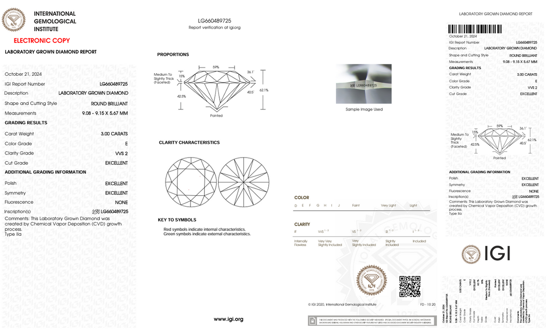 3,0 ct e couleur VVS2 Diamond cultivé en laboratoire à coupe rond - IGI certifié