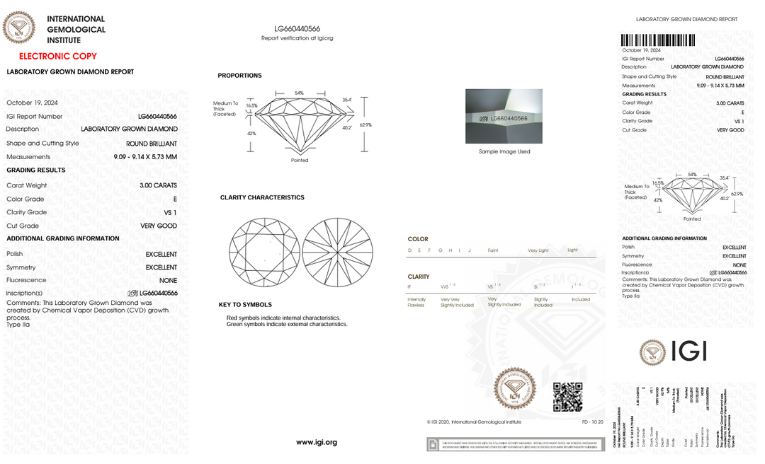 3.0 CT E FARGE VS1 RUNDT LAB -GROWN DIAMOND - IGI -sertifisert