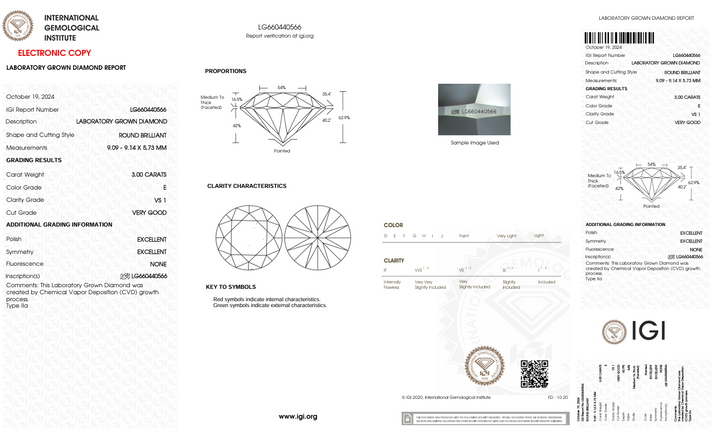 3.0 ct e kleur vs1 ronde gesneden lab gekweekte diamant - igi gecertificeerd