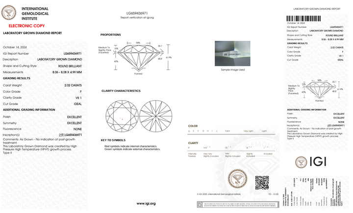 2,02 CT F Color VS1 Круглый срез, выращенные в лаборатории, Diamond - IGI сертифицировано