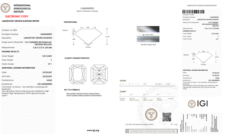 1,5 CT F COLOR VS1 Radiant Cut Lab -Grown Diamond - IGI Certified