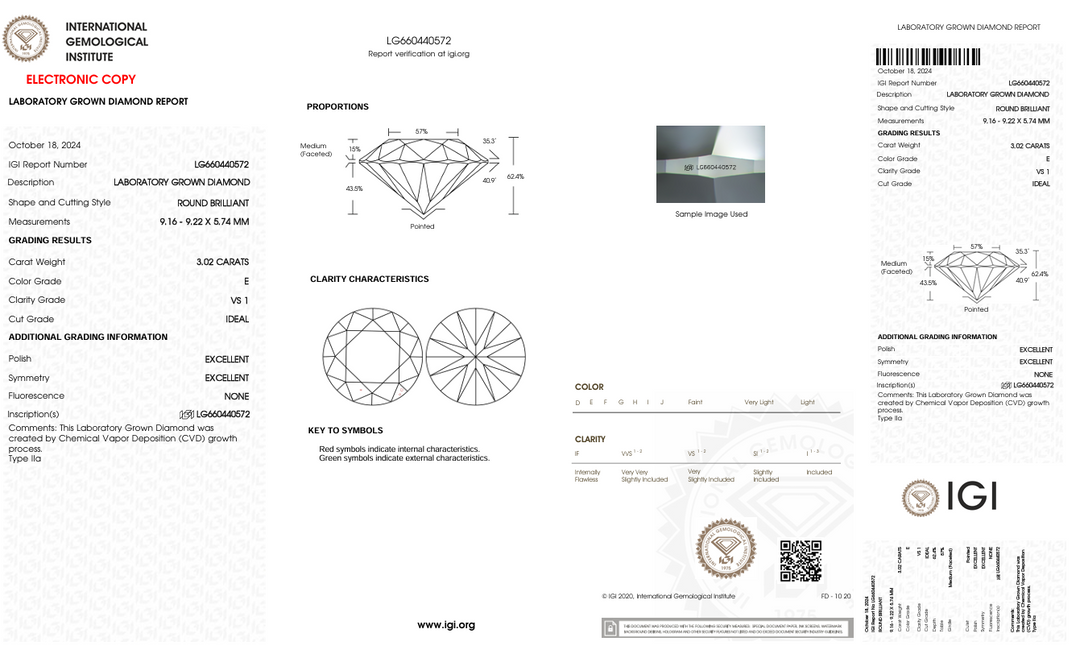 3.02 CT E RENK VS1 Yuvarlak Kesim Laboratuar Yetiştirilen Elmas - IGI Sertifikalı