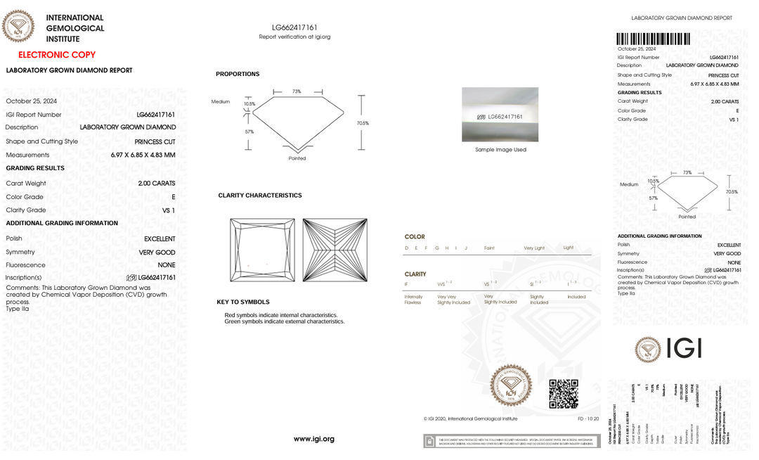 2,0 ct e Color vs1 Princess Cut Lab -вирощений діамант - сертифікований IGI