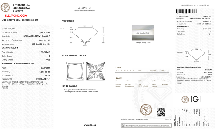 2,0 ct e Color vs1 Princess Cut Lab -вирощений діамант - сертифікований IGI