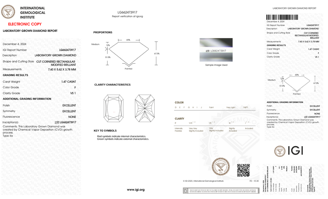 1.47 CT F COLOR VS1 Radiant Cut Practing Diamond - IGI معتمد