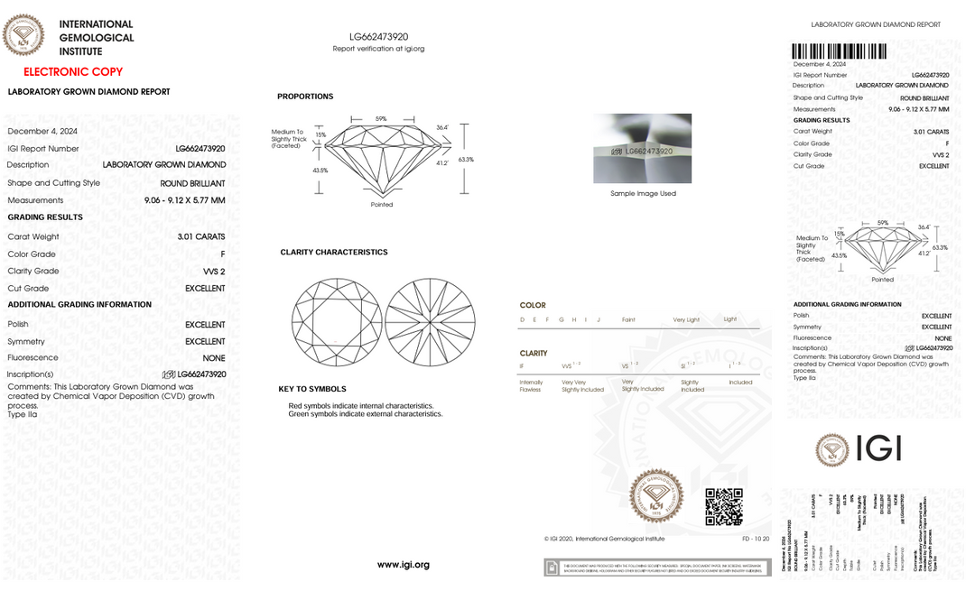 3.01 CT F Color VVS2 Diamond coltivata a laboratorio rotondo - certificato IGI