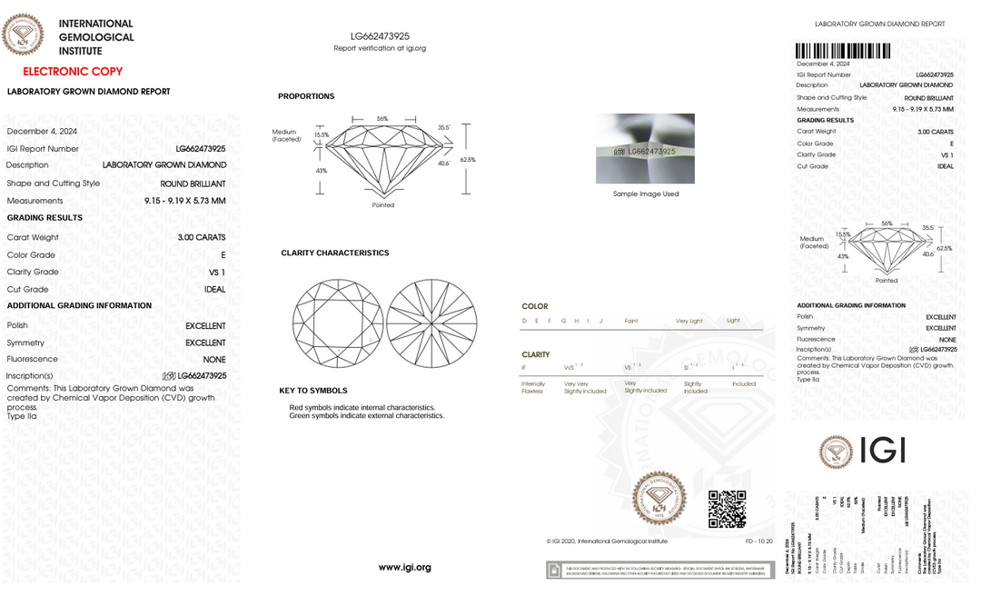 3,0 Ct E Color vs1 круглый резак, выращенный лабораторией Diamond - IGI сертифицирован