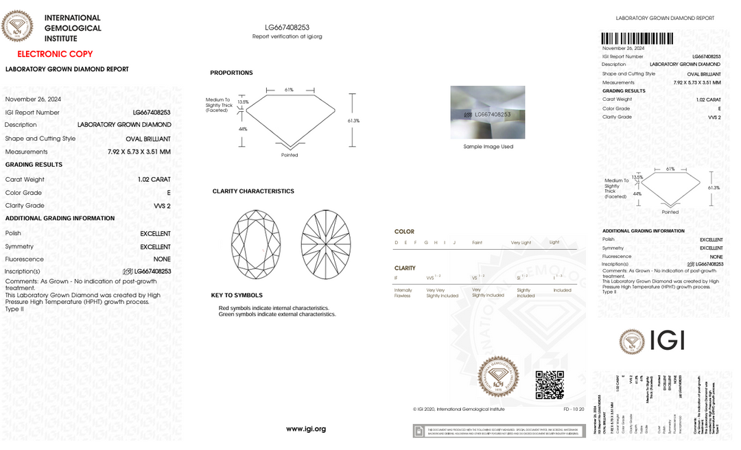 1,02 CT E Колір VVS2 Oval Cut Lab -вирощений алмаз - сертифікований IGI